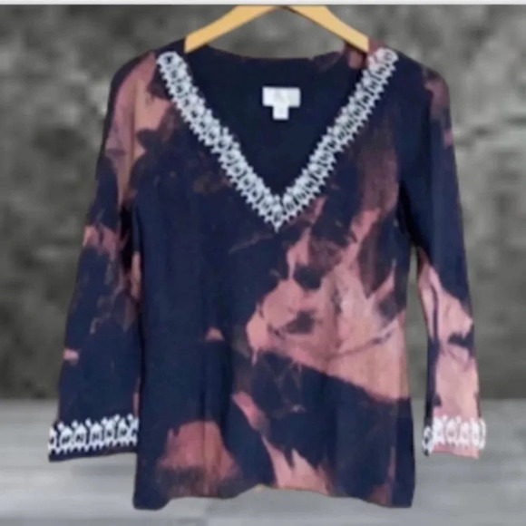 Tie Dye Boho‎ Grunge Beaded V Neck Top Women’s Medium Stretch Rayon Nylon - Picture 1 of 11